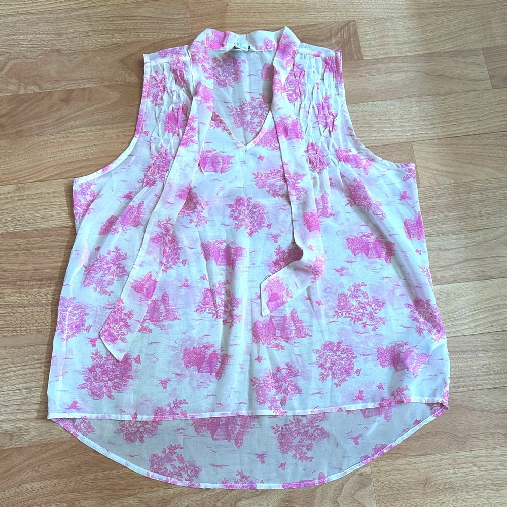 Sleeveless Pink Floral Sleeveless Tie Front Blouse